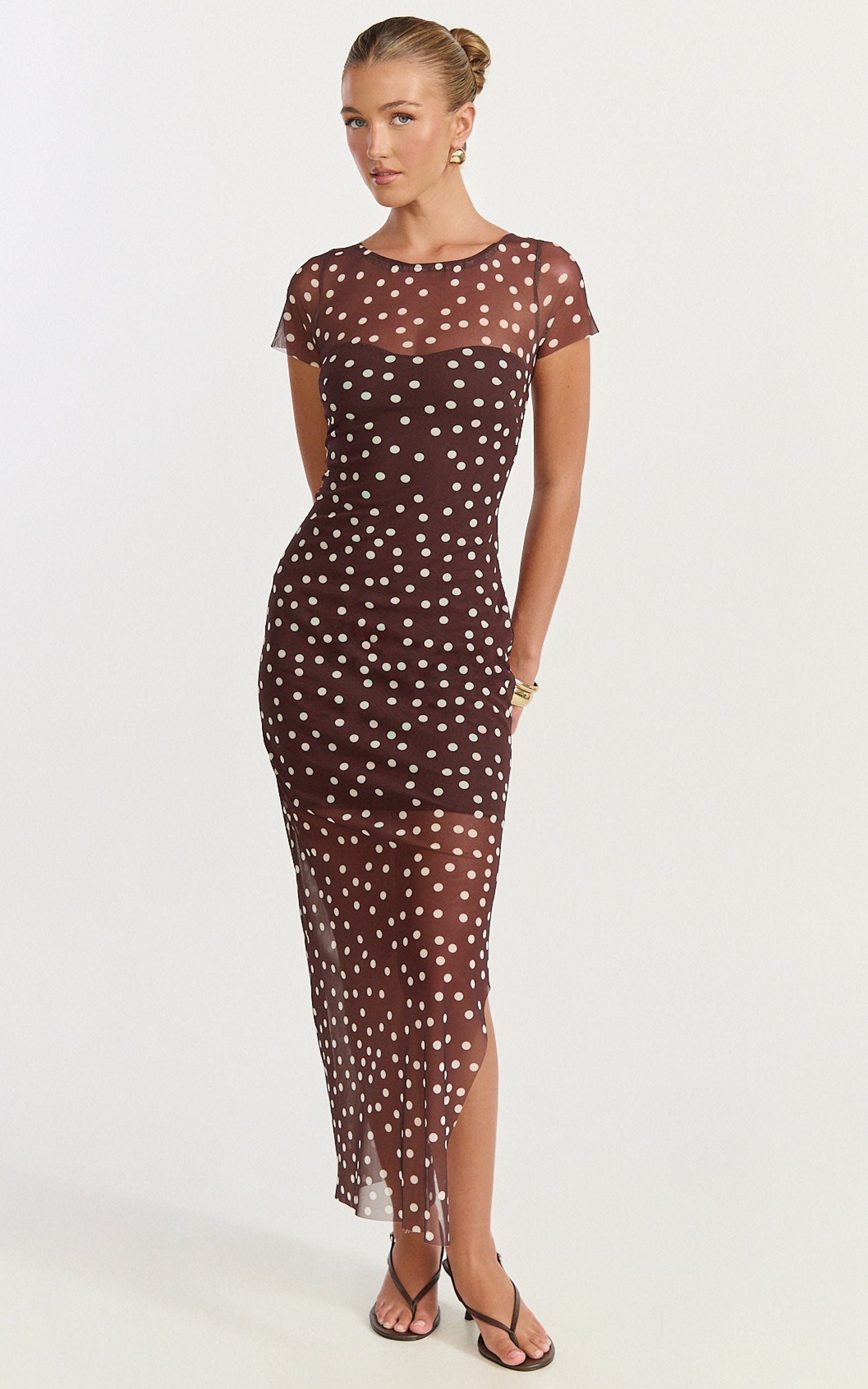 Colette Maxi Dress - Mesh Tshirt Dress in Chocolate Polka Dot