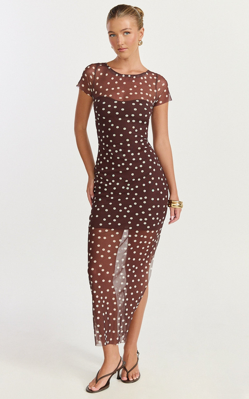 Colette Maxi Dress - Mesh Tshirt Dress in Chocolate Polka Dot