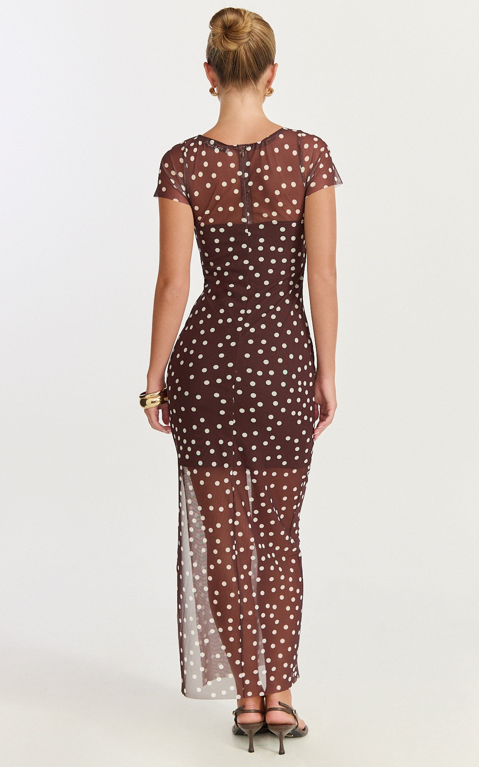 Colette Maxi Dress - Mesh Tshirt Dress in Chocolate Polka Dot