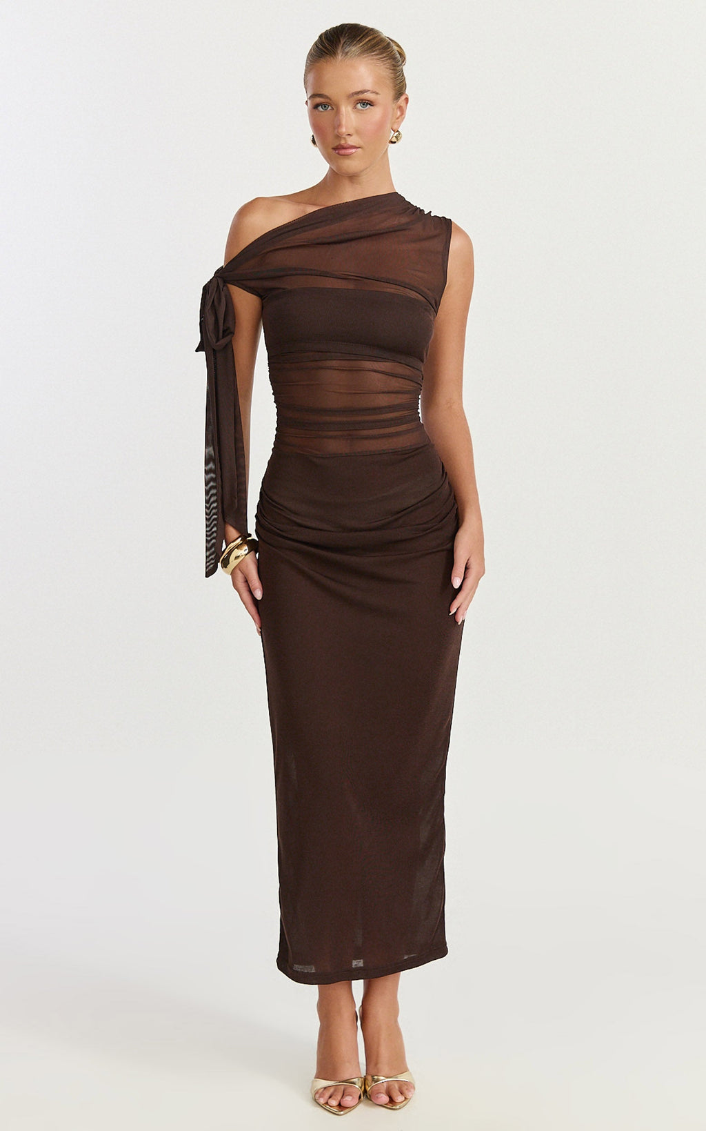 Astrid Midi Dress - Asymmetrical Off Shoulder Tie Detail Dress in Chocolate