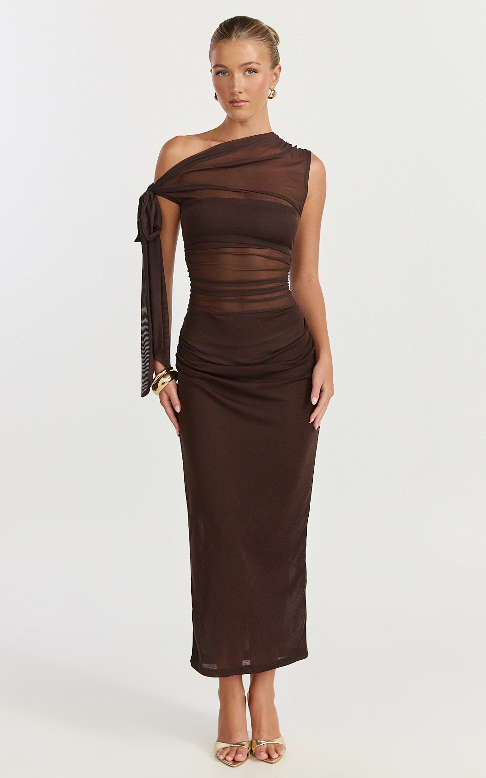 Astrid Midi Dress - Asymmetrical Off Shoulder Tie Detail Dress in Chocolate