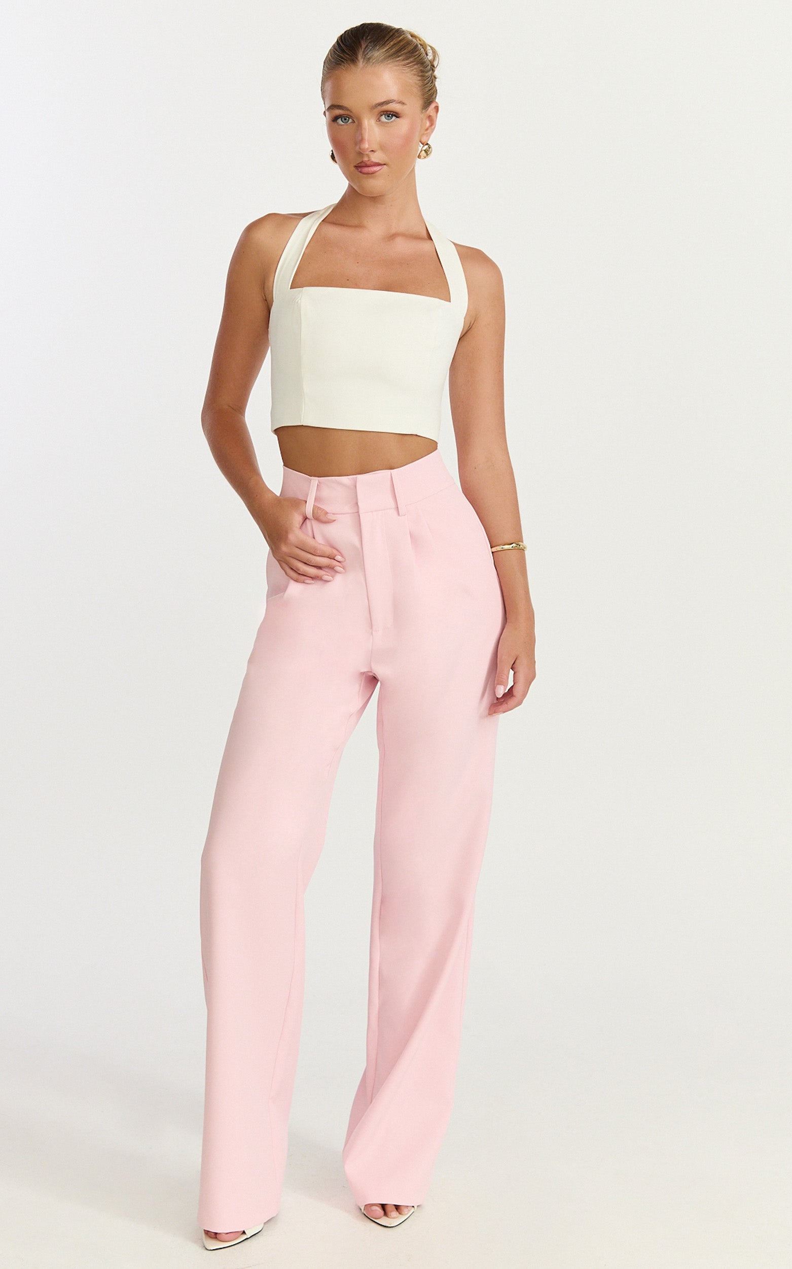 Melissa Pants - Pleat Front Wide Leg Tailored Pants in Pink
