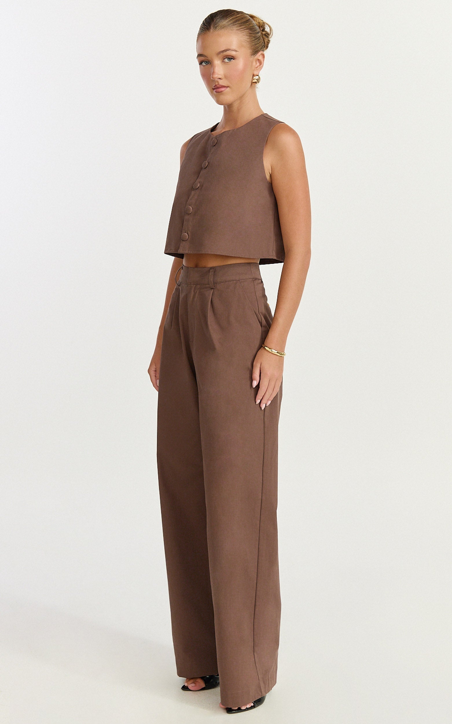 Valencia Two Piece Top and Pants Set - Button Front Vest and High Waisted Pants Set in Mocha