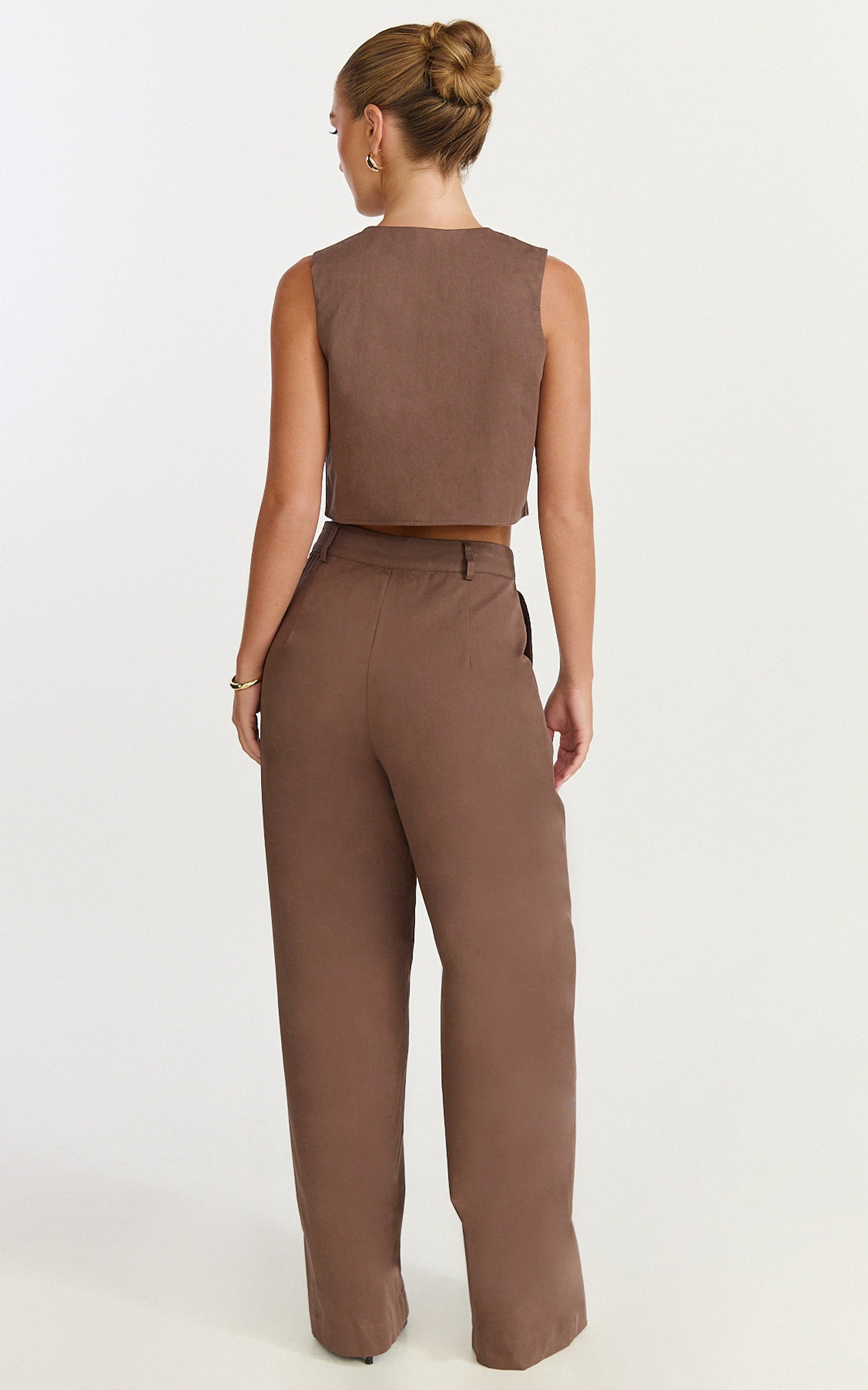 Valencia Two Piece Top and Pants Set - Button Front Vest and High Waisted Pants Set in Mocha