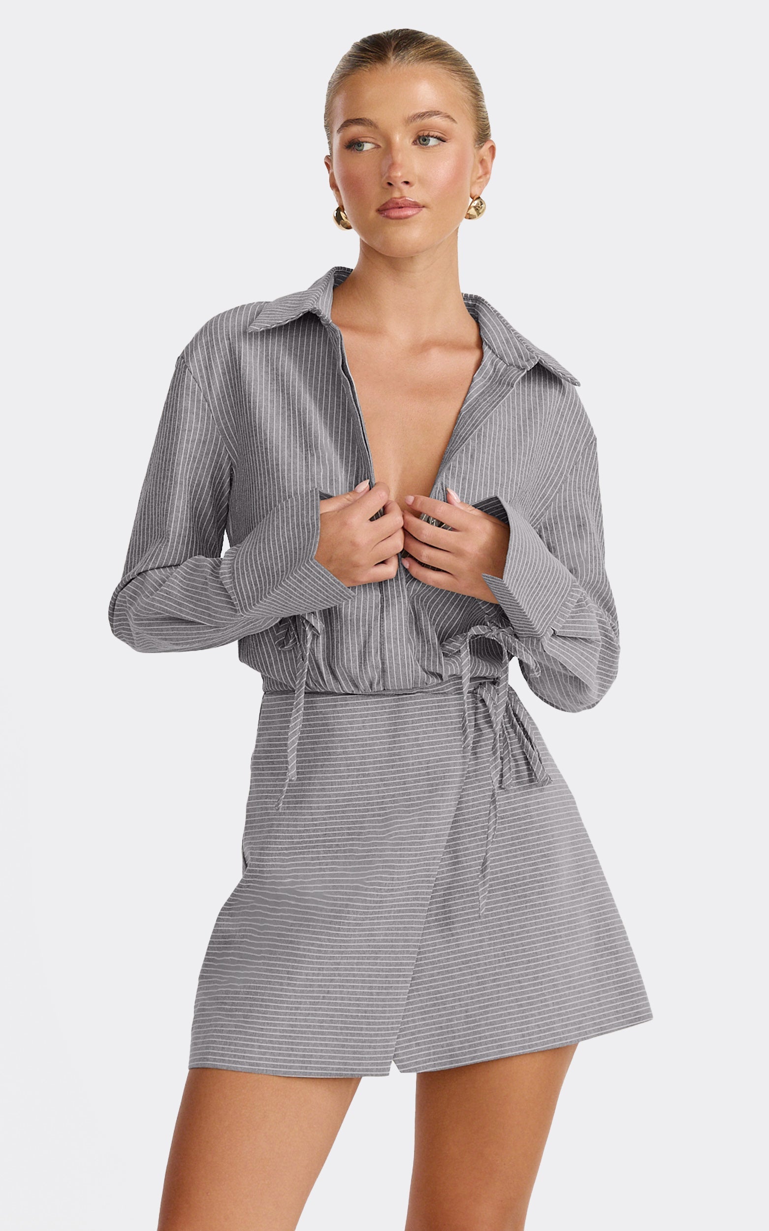 Heath Mini Dress - Collared Button Up Shirt Dress in Grey Stripe