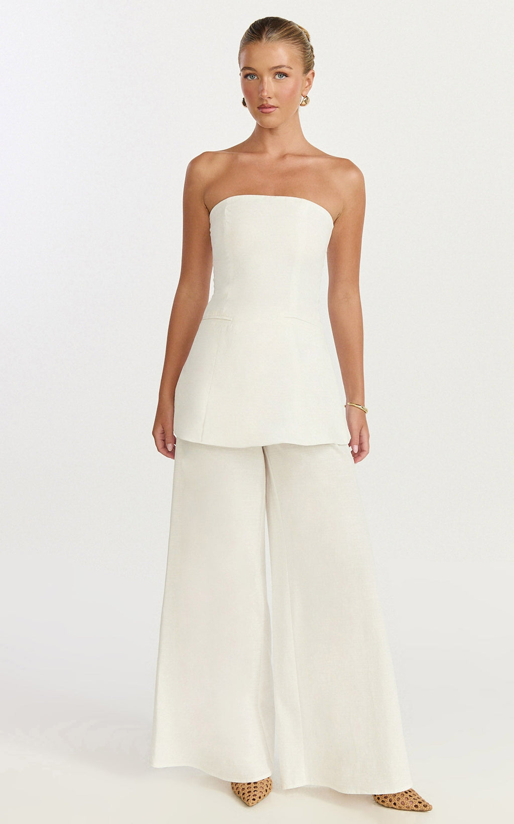 Isadora Two Piece Top and Pants Set - Strapless Longline Top and Wide Leg Pants Set in White