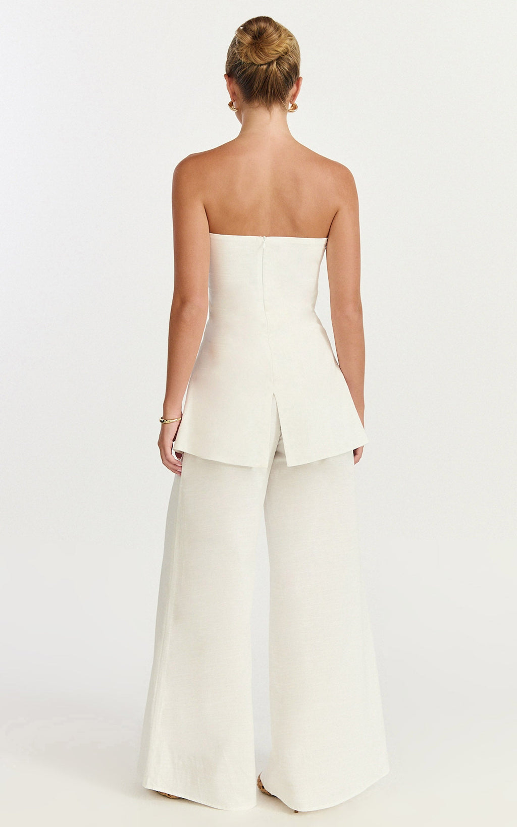 Isadora Two Piece Top and Pants Set - Strapless Longline Top and Wide Leg Pants Set in White