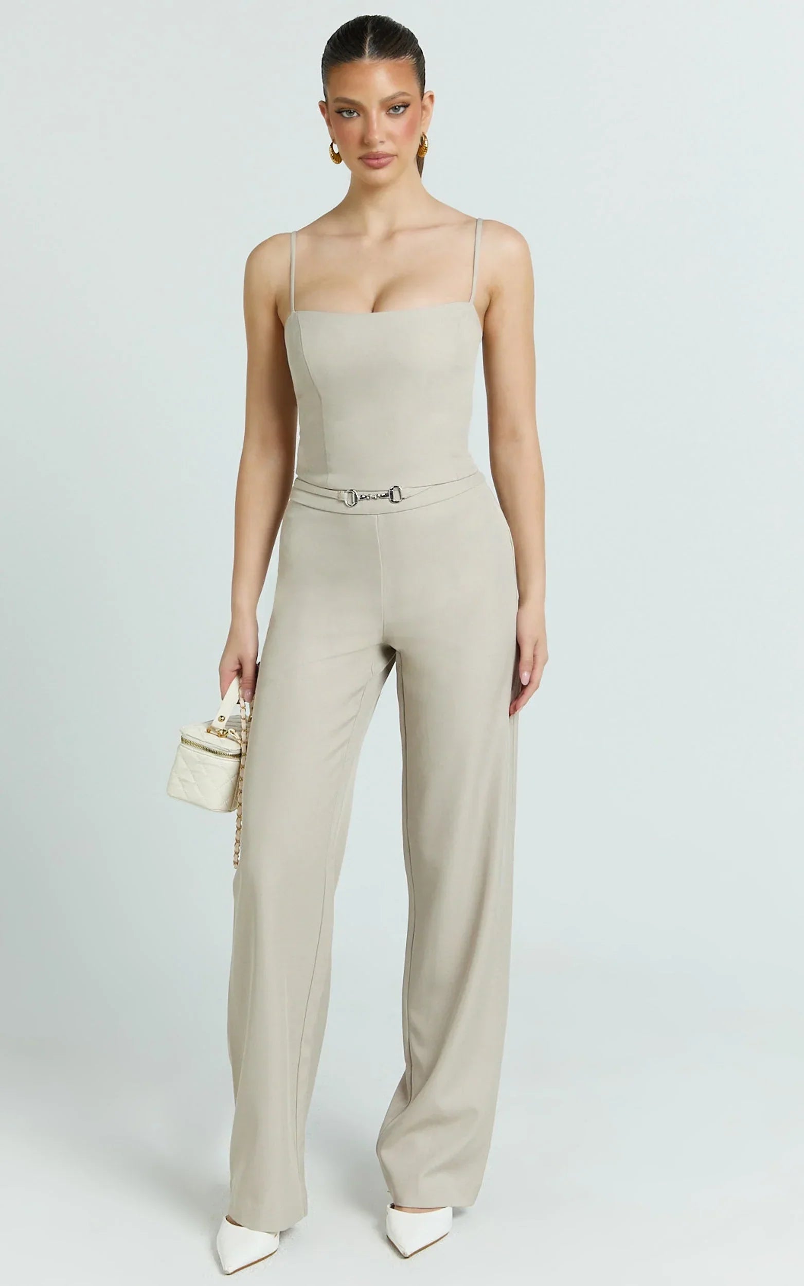 Charlize Pants - Stretch Slim Leg Front Buckle Pants in Stone