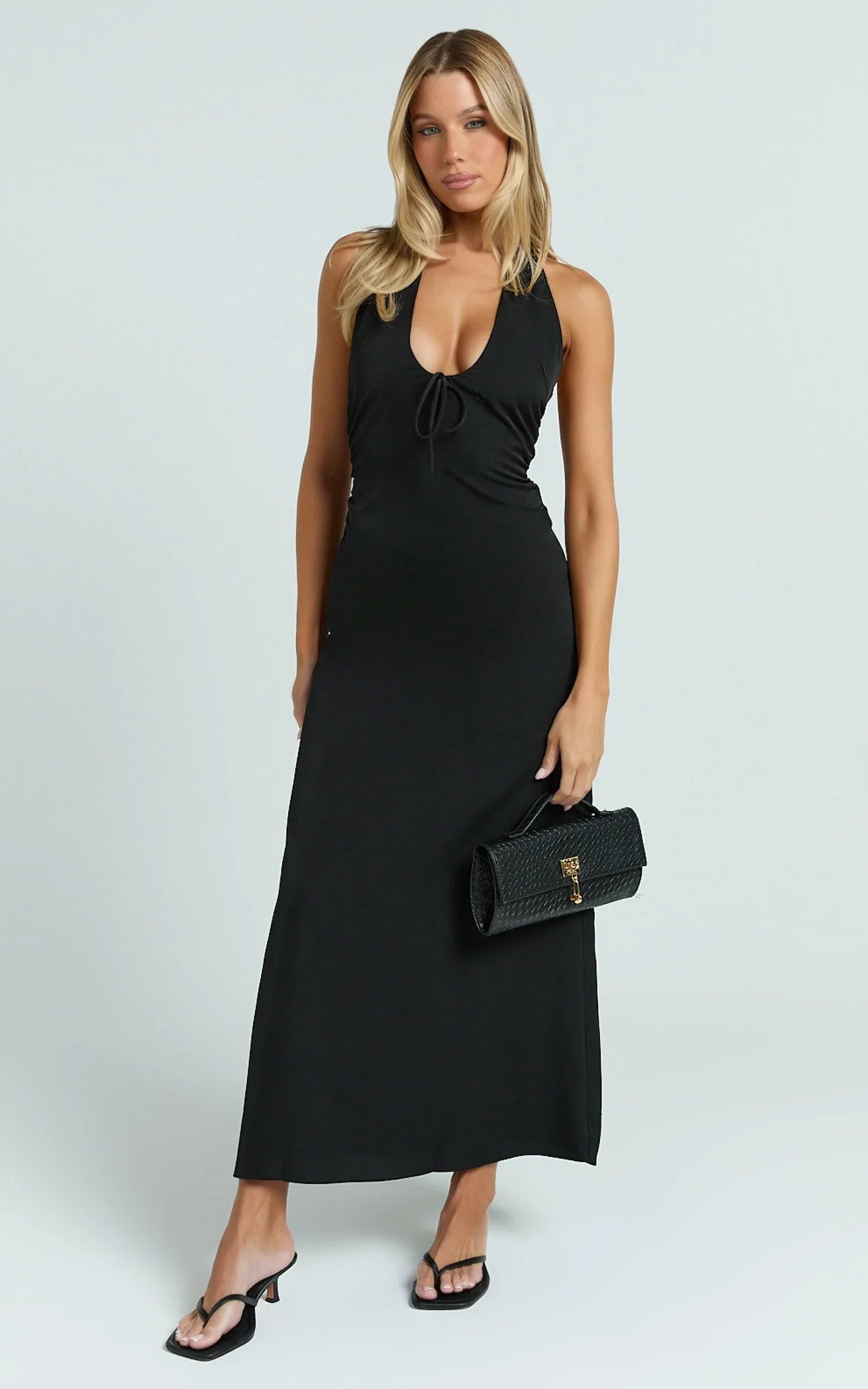Lorvie Maxi Dress - Halter Plunge A Line Dress in Black