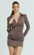 Heath Mini Dress - Concealed Placket Drape Gather Skirt Overlay Dress in Brown