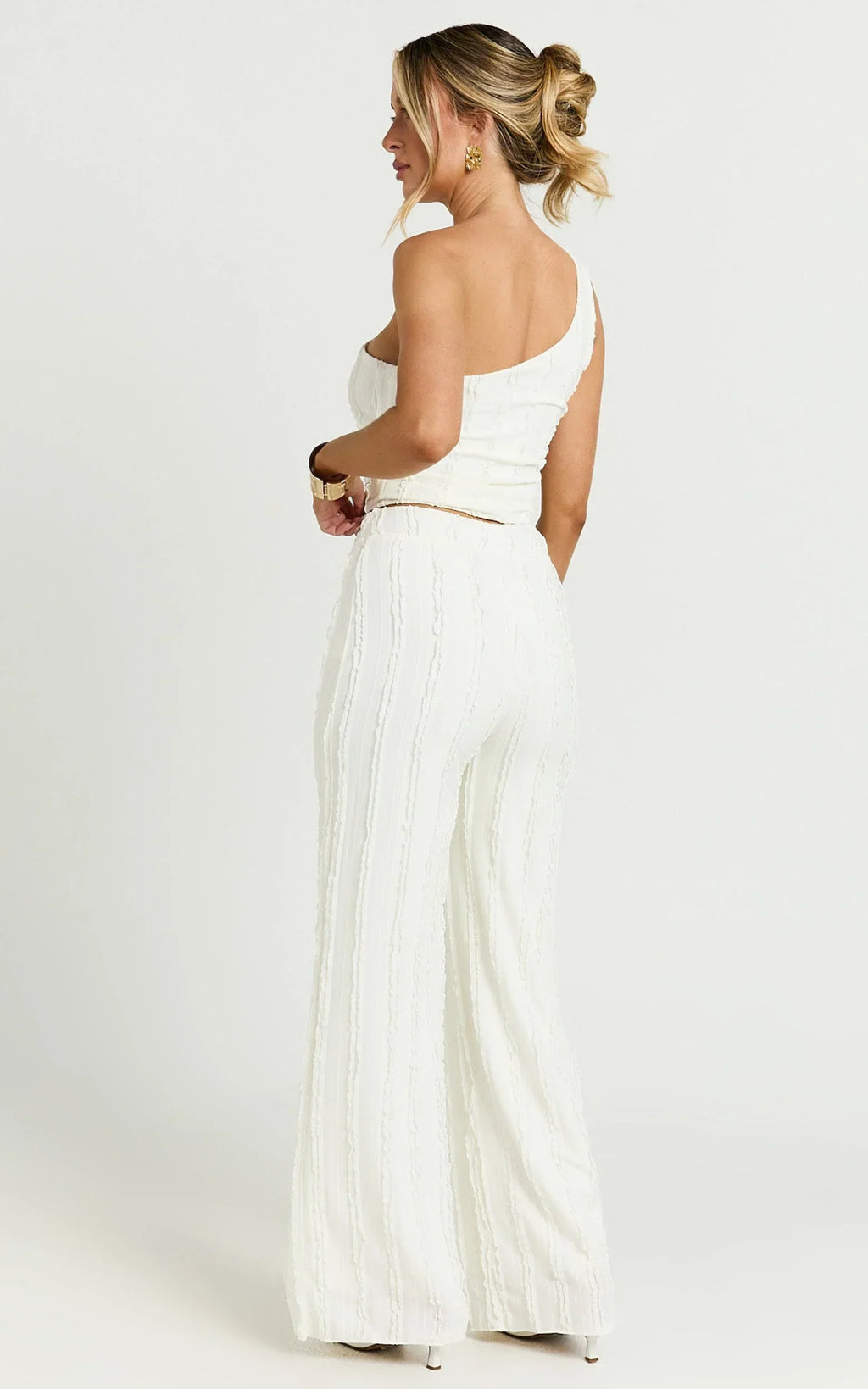 Almarie Pants - Mid Waisted Wide leg Textured Pants in Off White