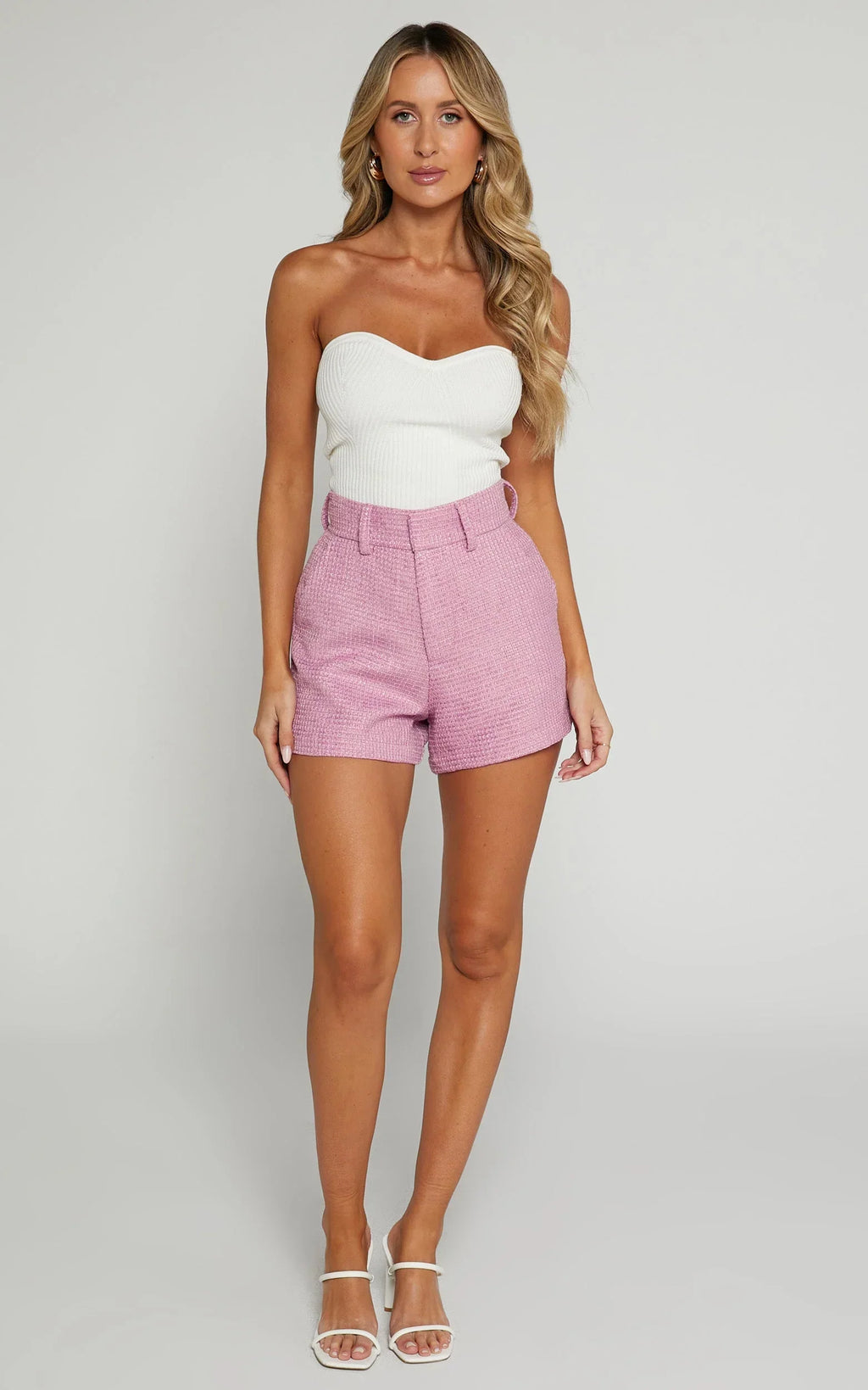 Carrie Shorts - High Waisted Tailored Tweed Shorts in Pink