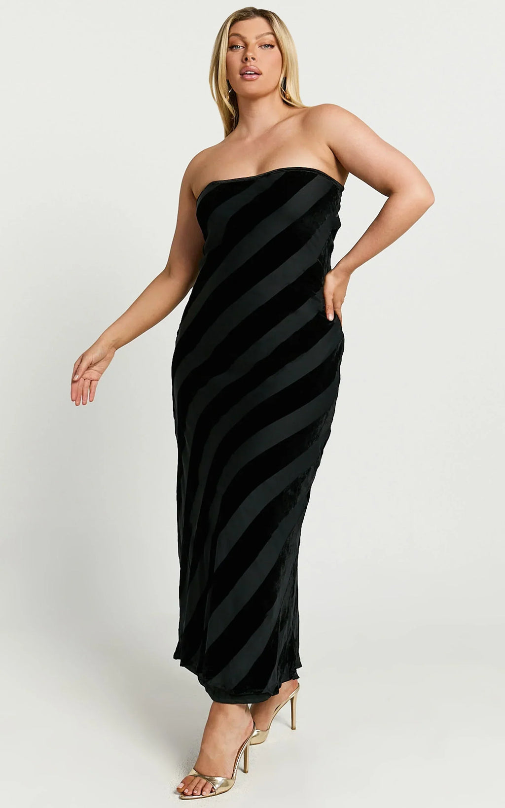 Genevieve Midi Dress - Strapless Stripe Burnout Dress in Black Stripe