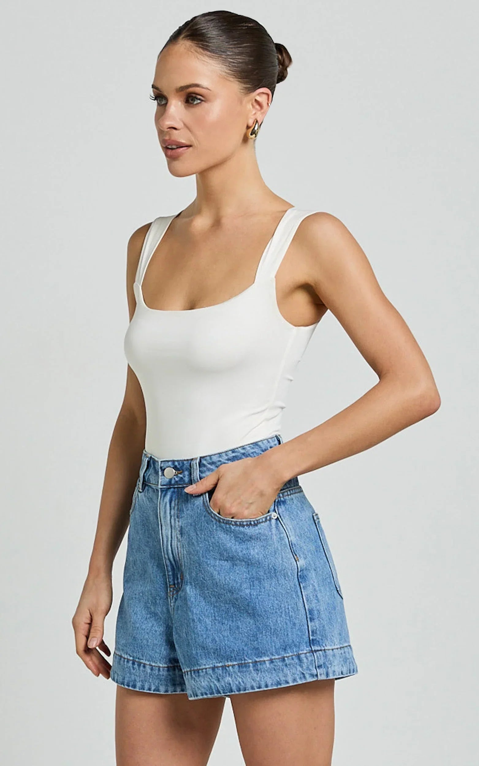 Rhianna Shorts - Mid Waist Recycled Denim Shorts in Mid Blue Wash