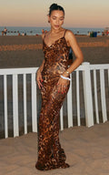 Hilary Maxi Dress - Sheer Cowl Neck Slip Dress in Leopard