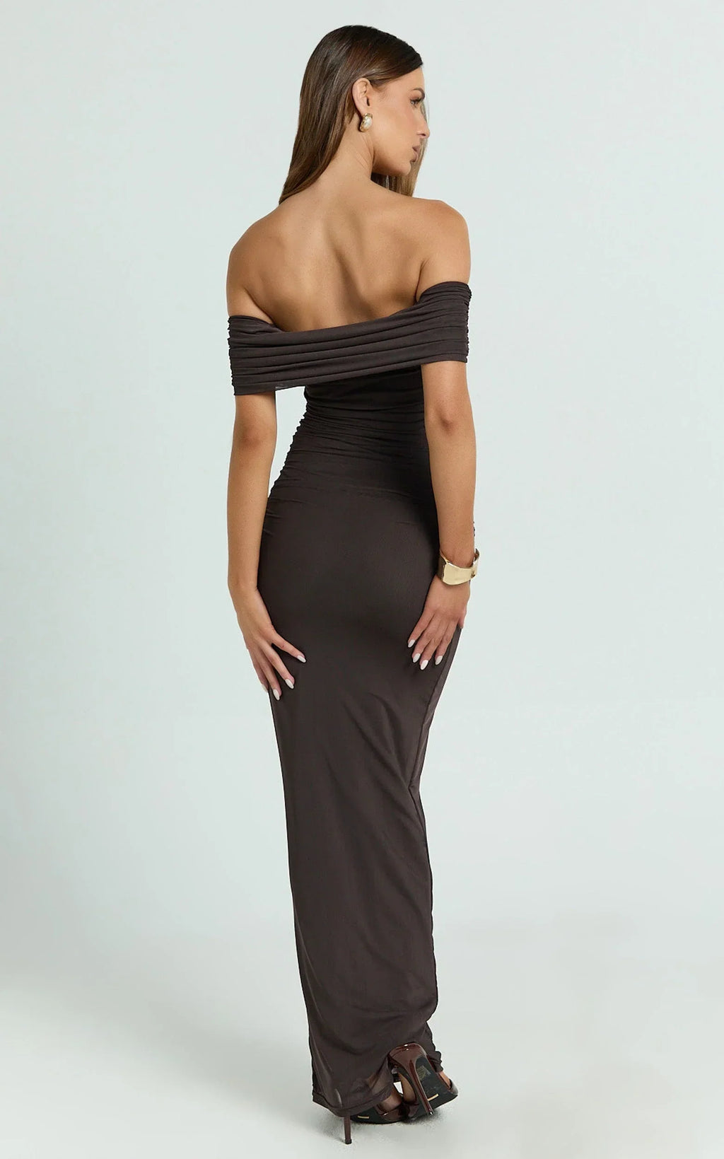 Caterina Maxi - Ruched Off Shoulder Mesh Dress in Chocolate