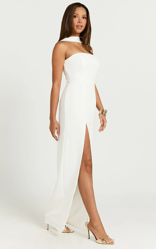 Allegra Maxi Dress - Neck Band Column High Split Dress in Off White