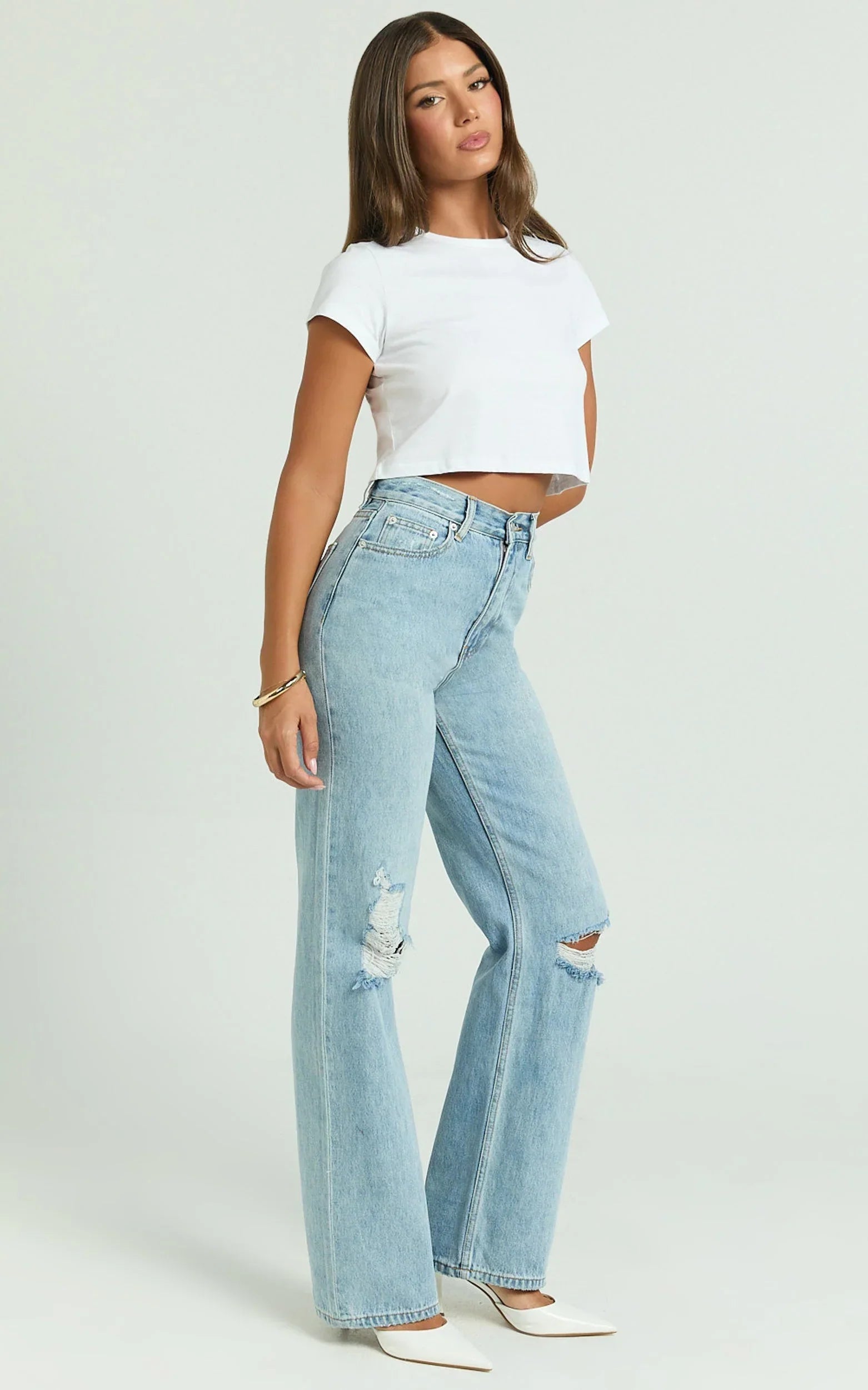 Miho Jeans - High Waisted Recycled Cotton Distressed Straight Leg Denim Jeans in Mid Blue Wash