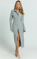 Genevieve Midi Dress - Slim Shirt Dress in Light Grey