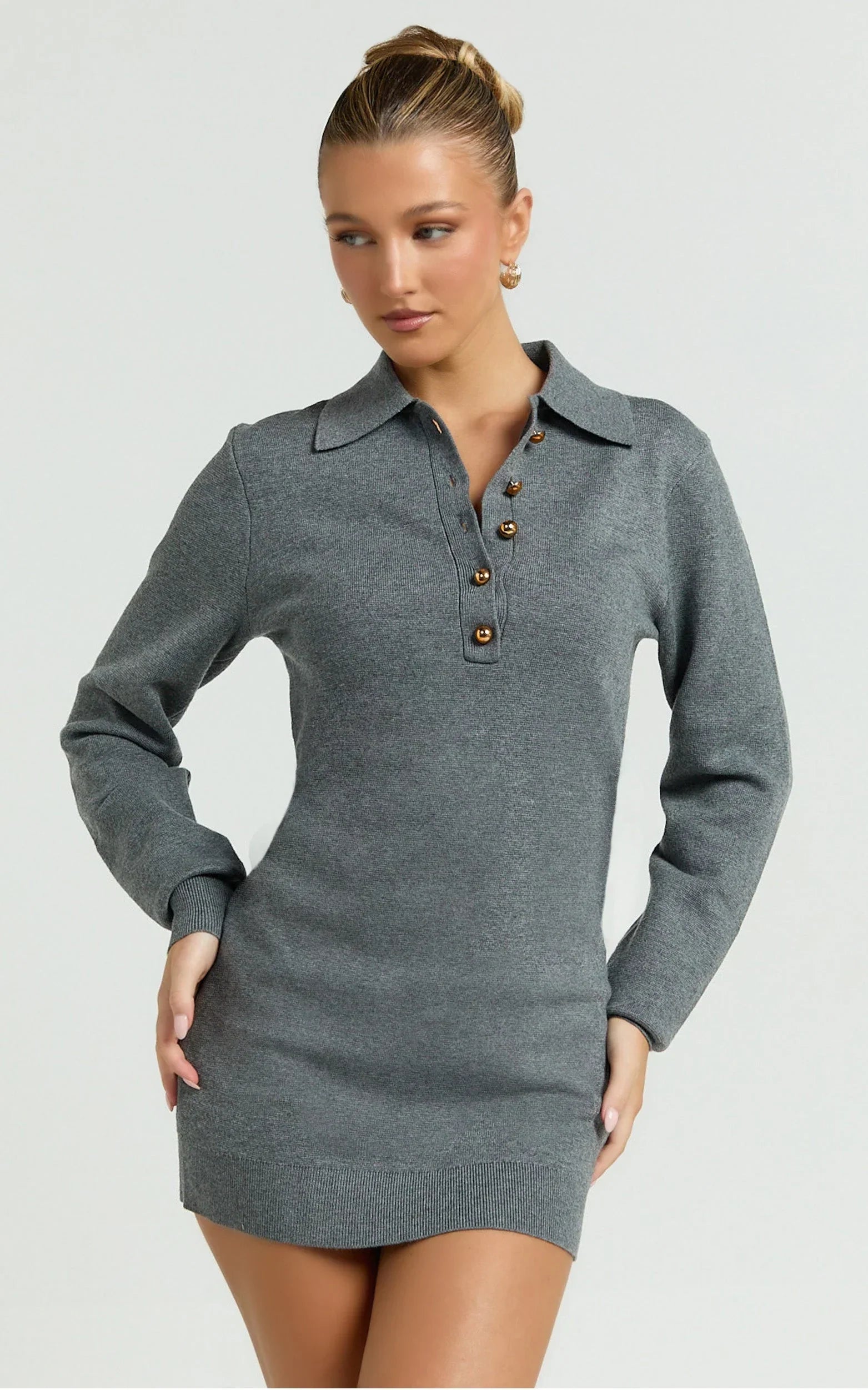 Jolene Mini Dress - Long Sleeve Knitted Polo Dress in Dark Grey
