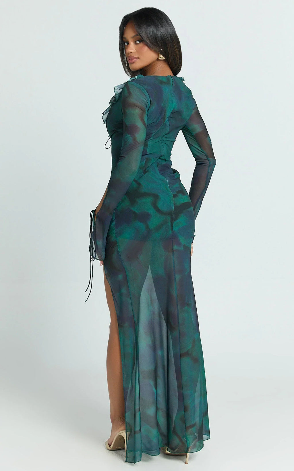 Katie Maxi Dress - Ruffle Plunge Neck Long Sleeve Dress in Green