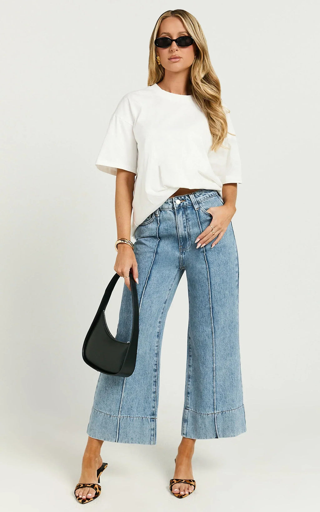 Jolene Jeans - Mid Rise Wide Leg Recycled Denim Cropped Jeans in Mid Blue Wash