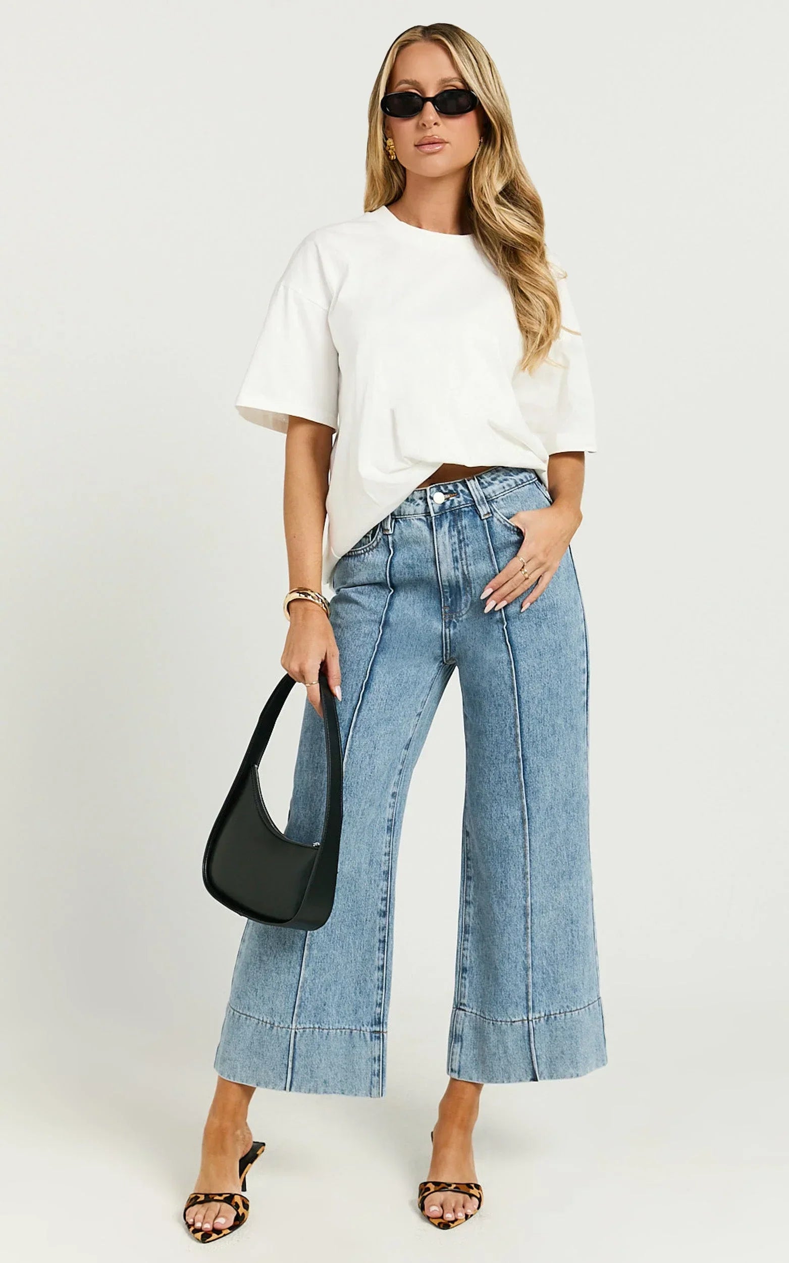 Jolene Jeans - Mid Rise Wide Leg Recycled Denim Cropped Jeans in Mid Blue Wash