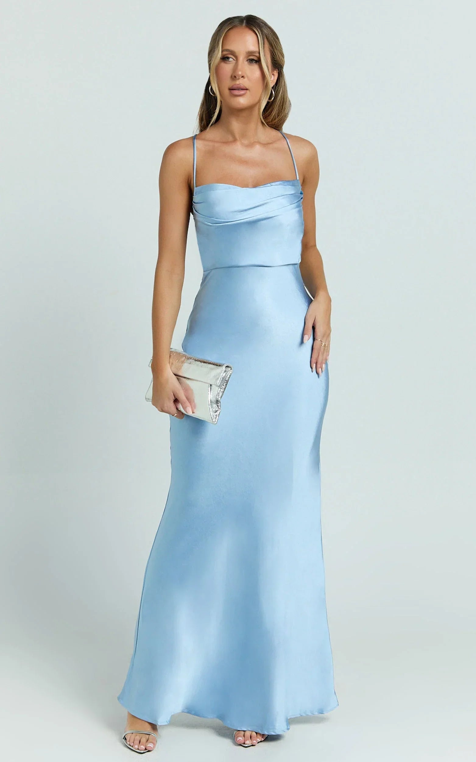 Hanna Maxi Dress - Satin Cowl Neck Low Back Dress in Blue