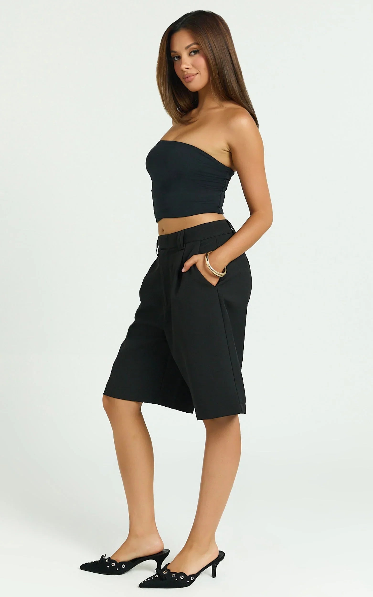 Nola Shorts - Mid Waist Bermuda Relaxed Fit Shorts in Black