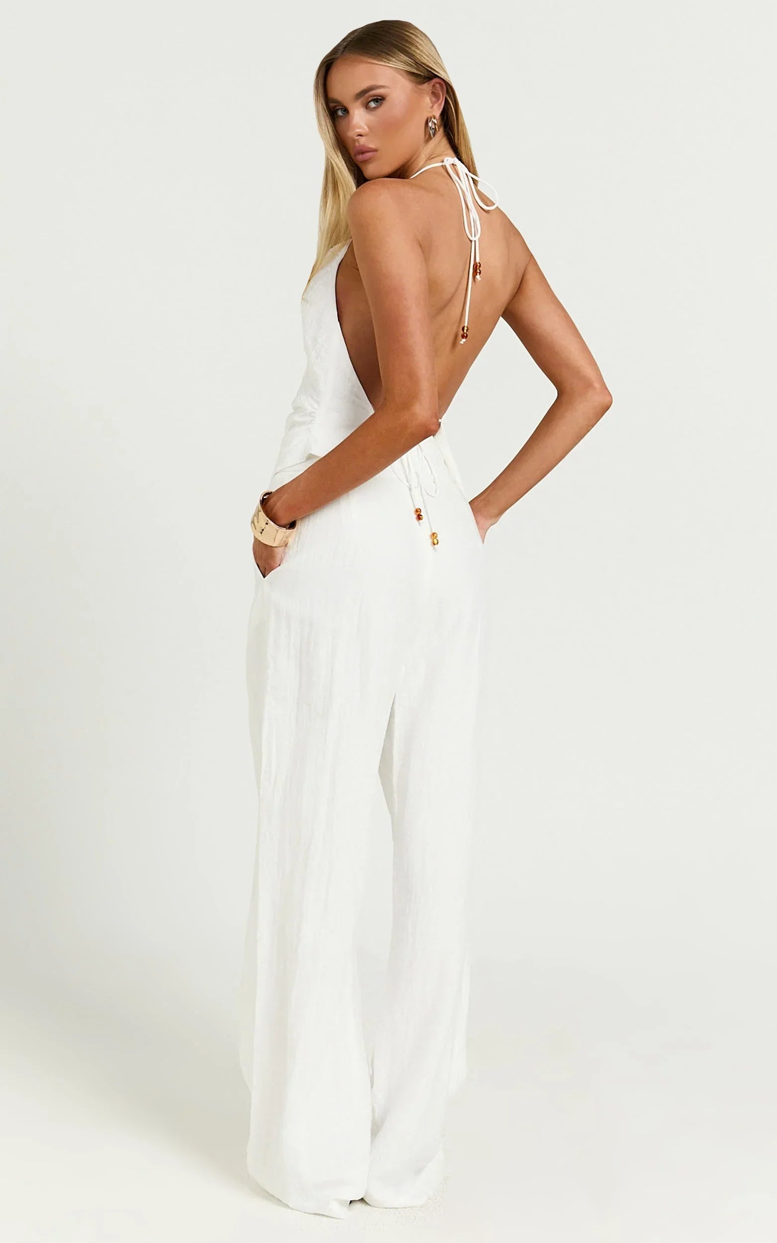 Hilda Pants - High Waisted Linen Look Palazzo Pants in White