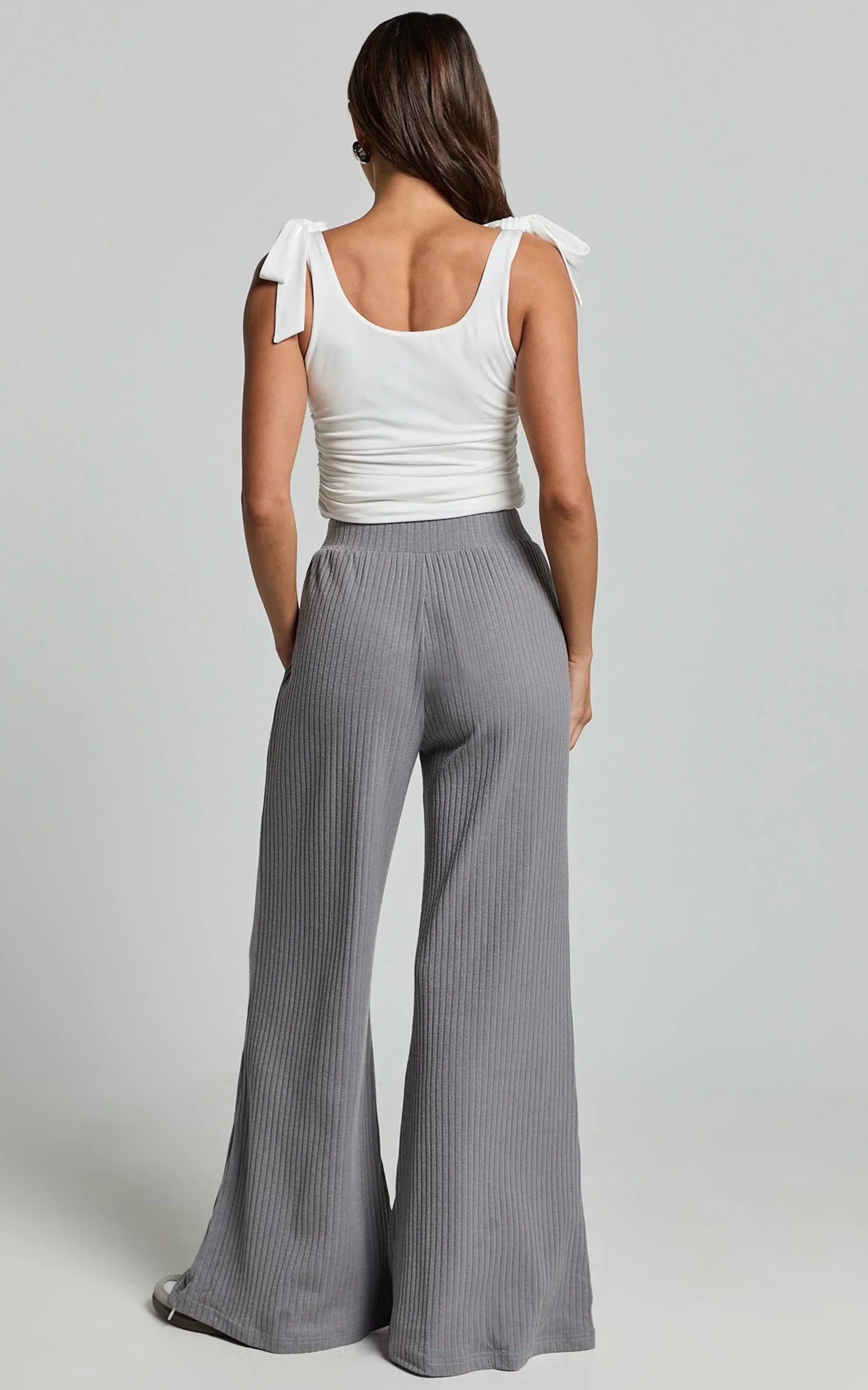 Adriana Pants - Ribbed High Waist Wide Leg Pants in Slate Grey