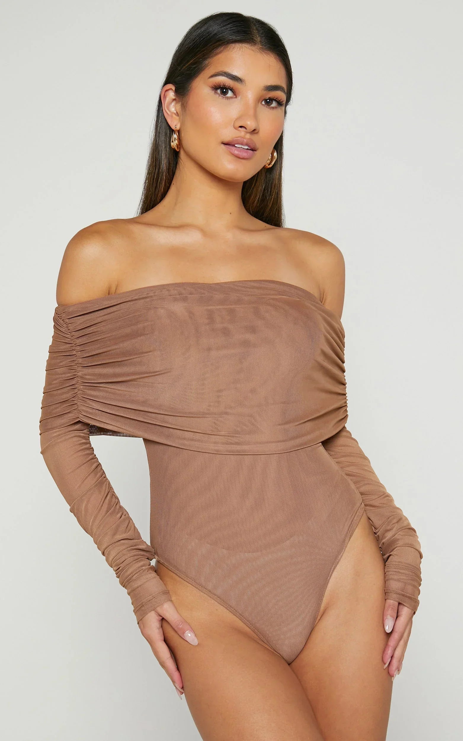 Jaythen Bodysuit - Long Sleeve Off Shoulder Ruched Mesh Bodysuit in Mocha