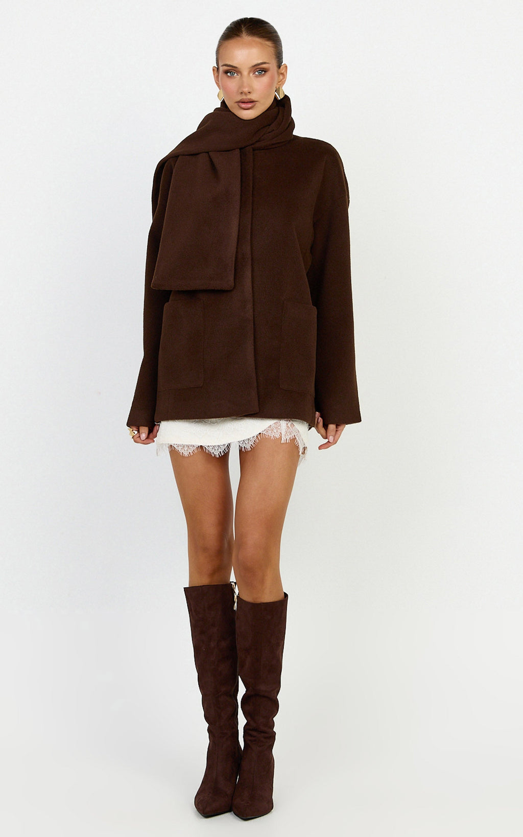 Carys Coat - Oversized Long Sleeve Coat With Neck Scarf in Chocolate
