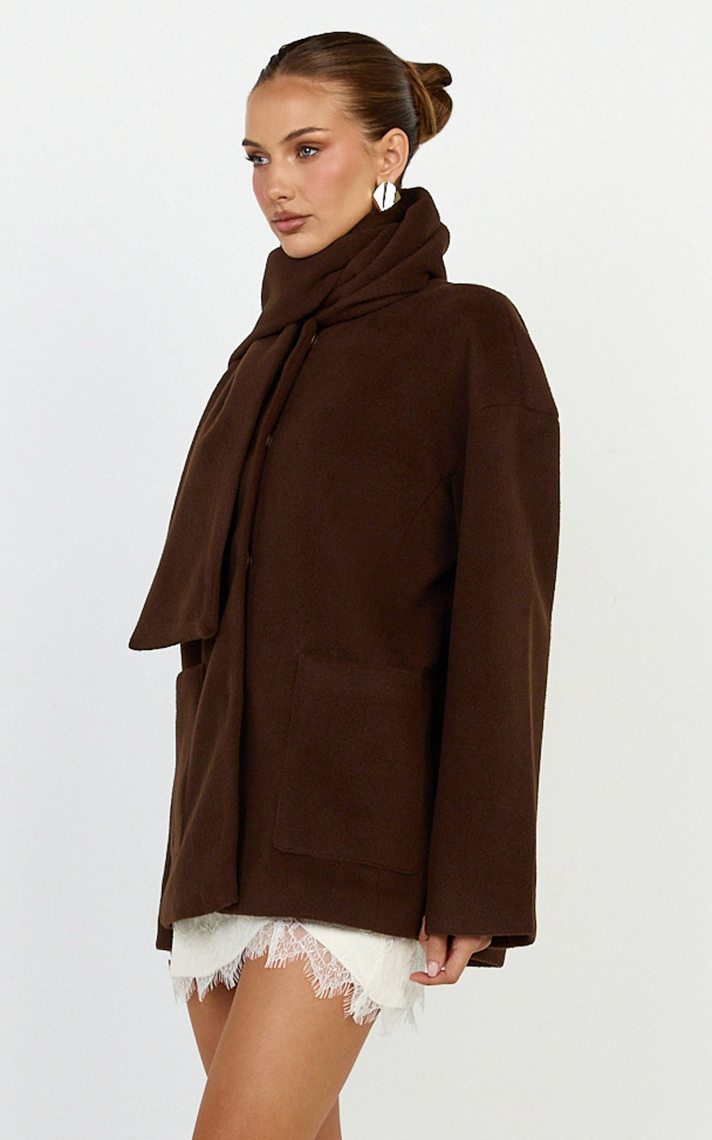 Carys Coat - Oversized Long Sleeve Coat With Neck Scarf in Chocolate