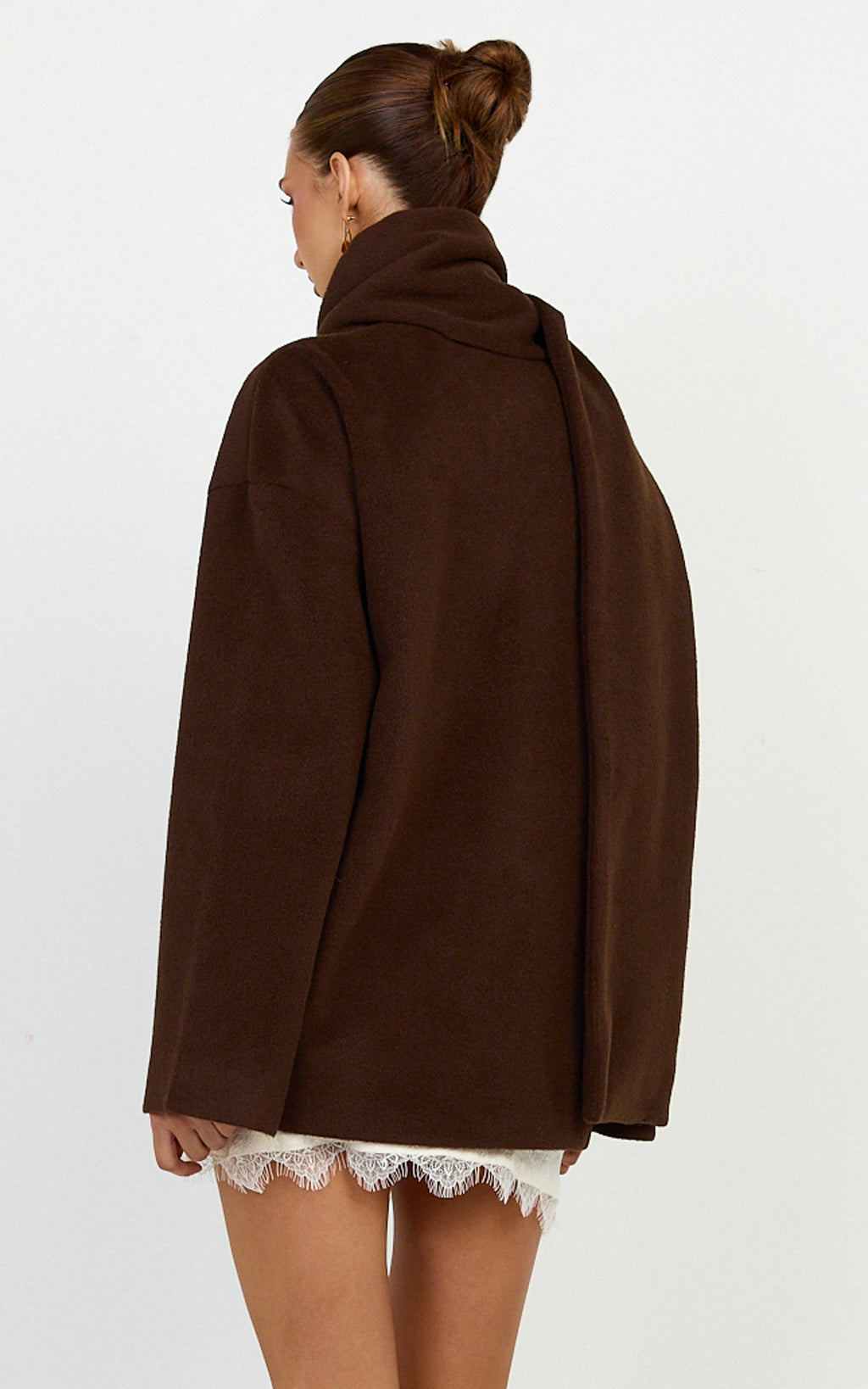 Carys Coat - Oversized Long Sleeve Coat With Neck Scarf in Chocolate