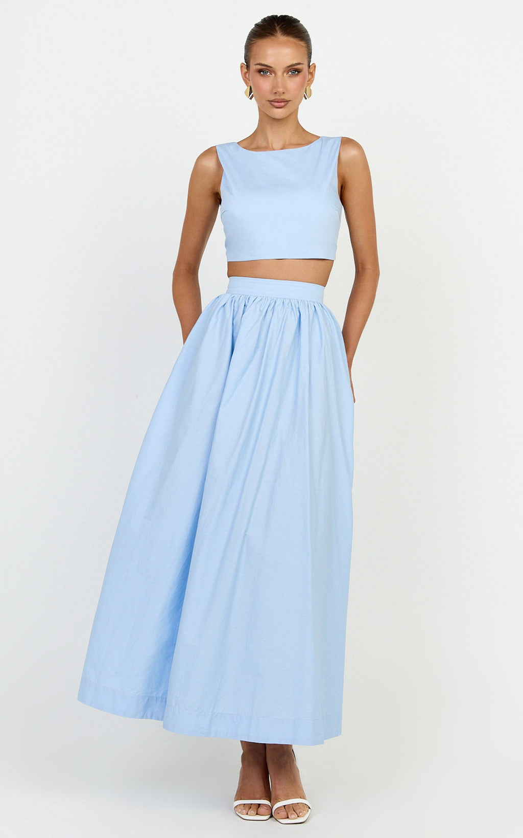 Billie Two Piece Top and Skirt Set - Tie Back Top with Full Maxi Skirt in Blue