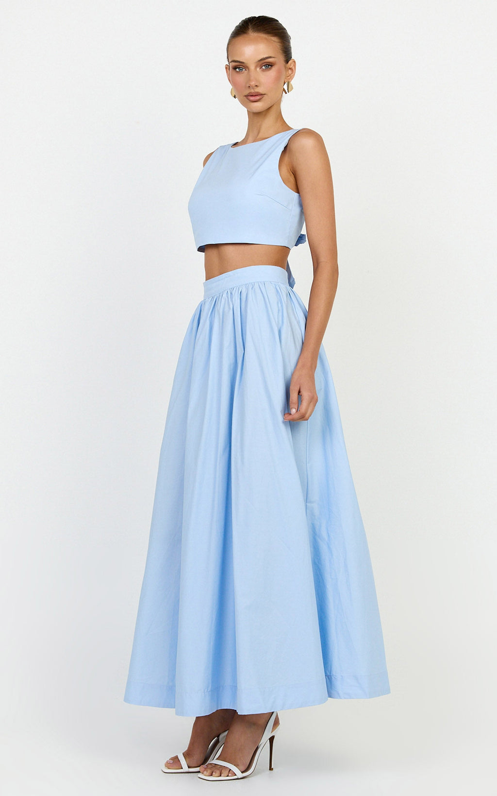 Billie Two Piece Top and Skirt Set - Tie Back Top with Full Maxi Skirt in Blue