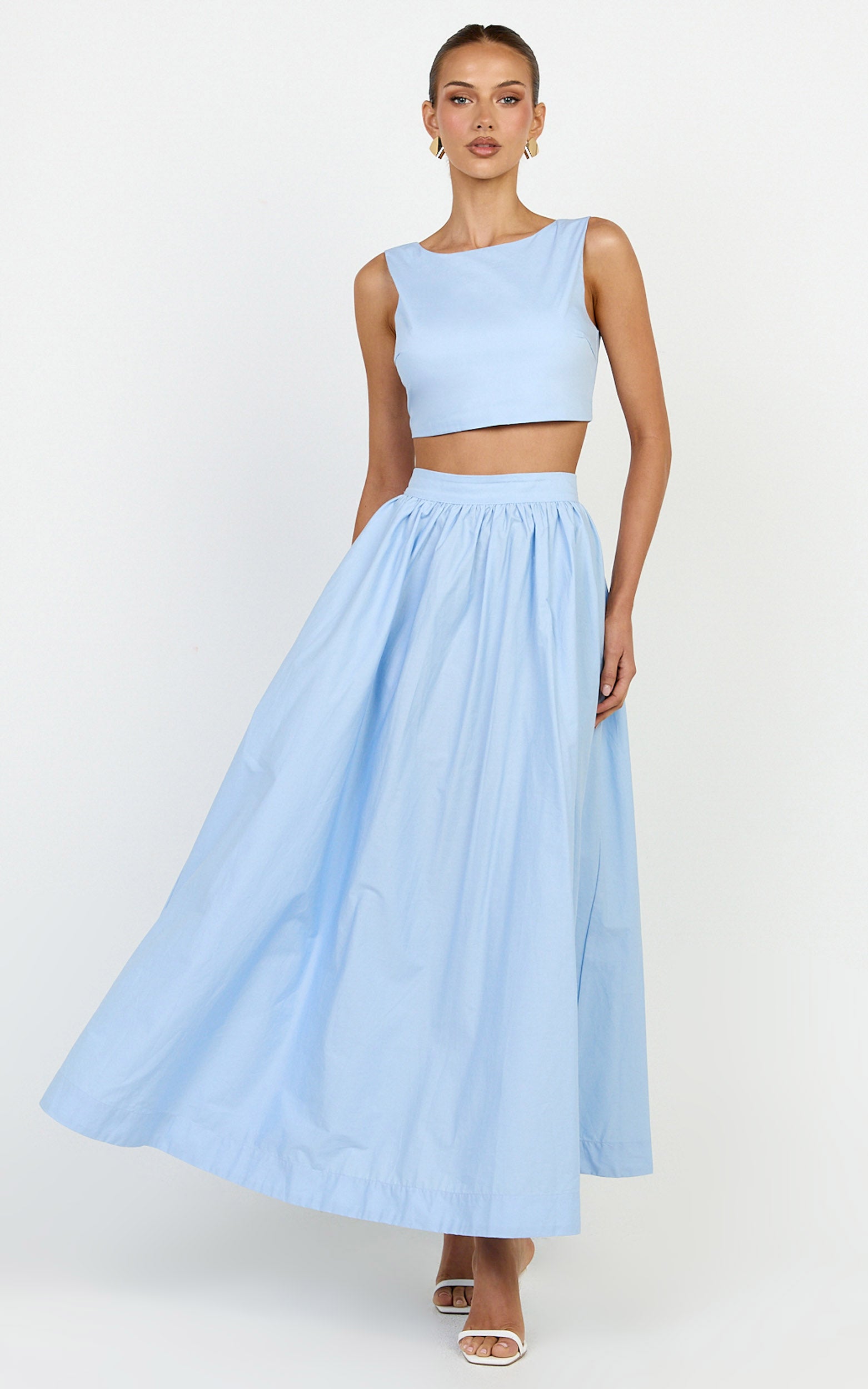 Billie Two Piece Top and Skirt Set - Tie Back Top with Full Maxi Skirt in Blue