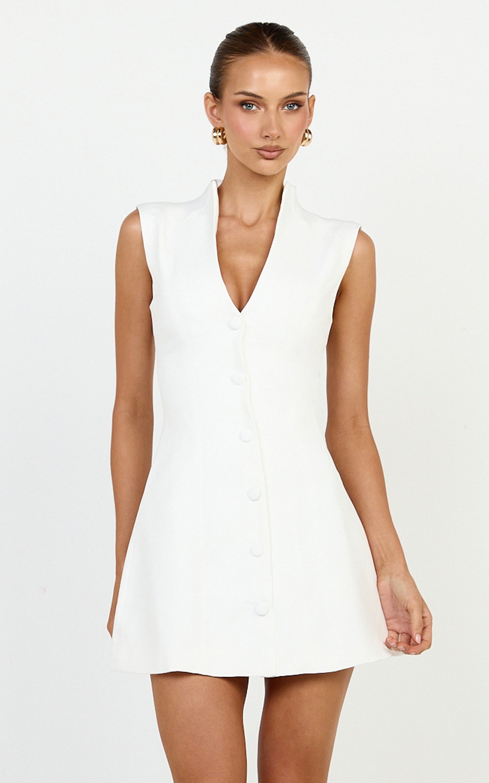 Jacinta Mini Dress - Sleeveless Button Front Tulip Dress in Off White