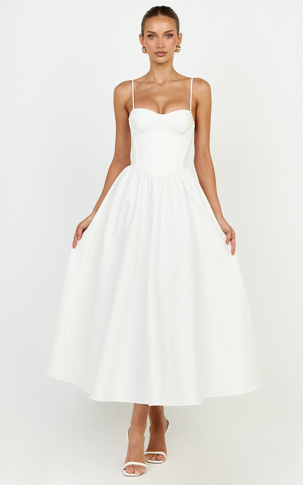 Seren Midi Dress - Corset Bodice Fit And Flare Dress in White