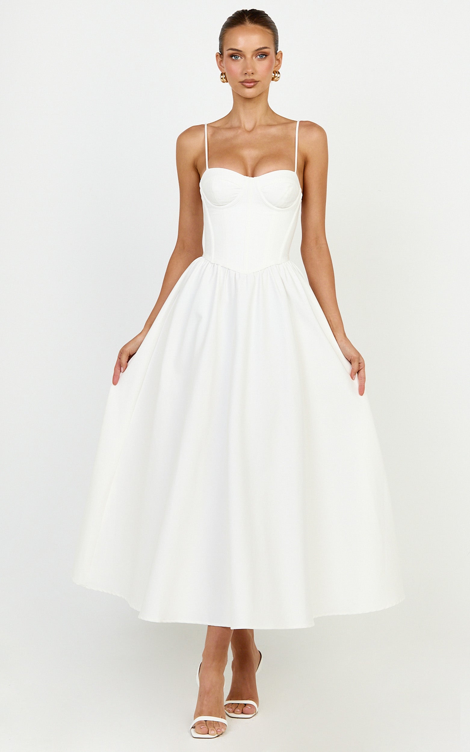 Seren Midi Dress - Corset Bodice Fit And Flare Dress in White