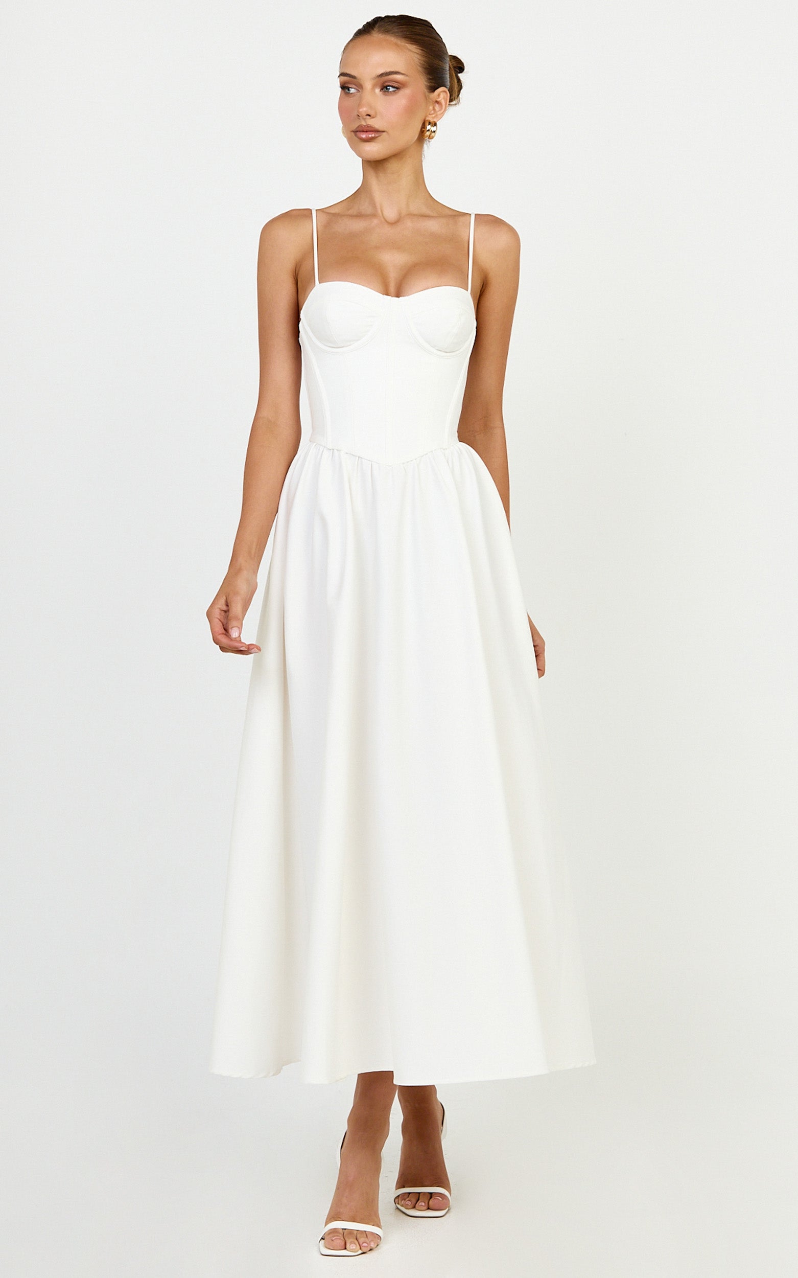 Seren Midi Dress - Corset Bodice Fit And Flare Dress in White