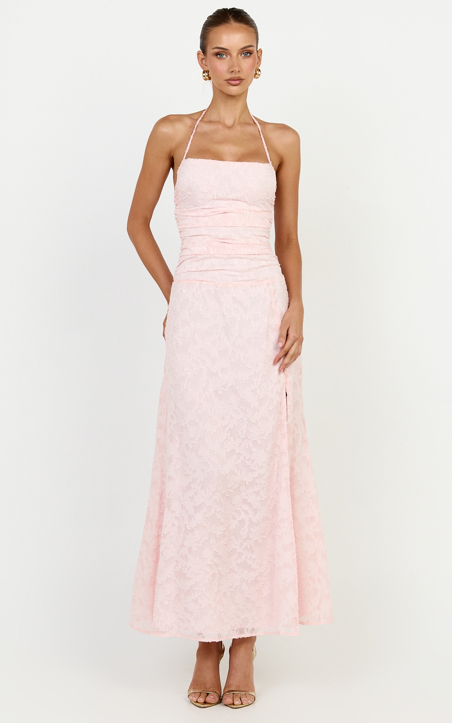 Seraphina Midi Dress - Gathered Bodice Halter Clipped Jacquard Dress in Pink