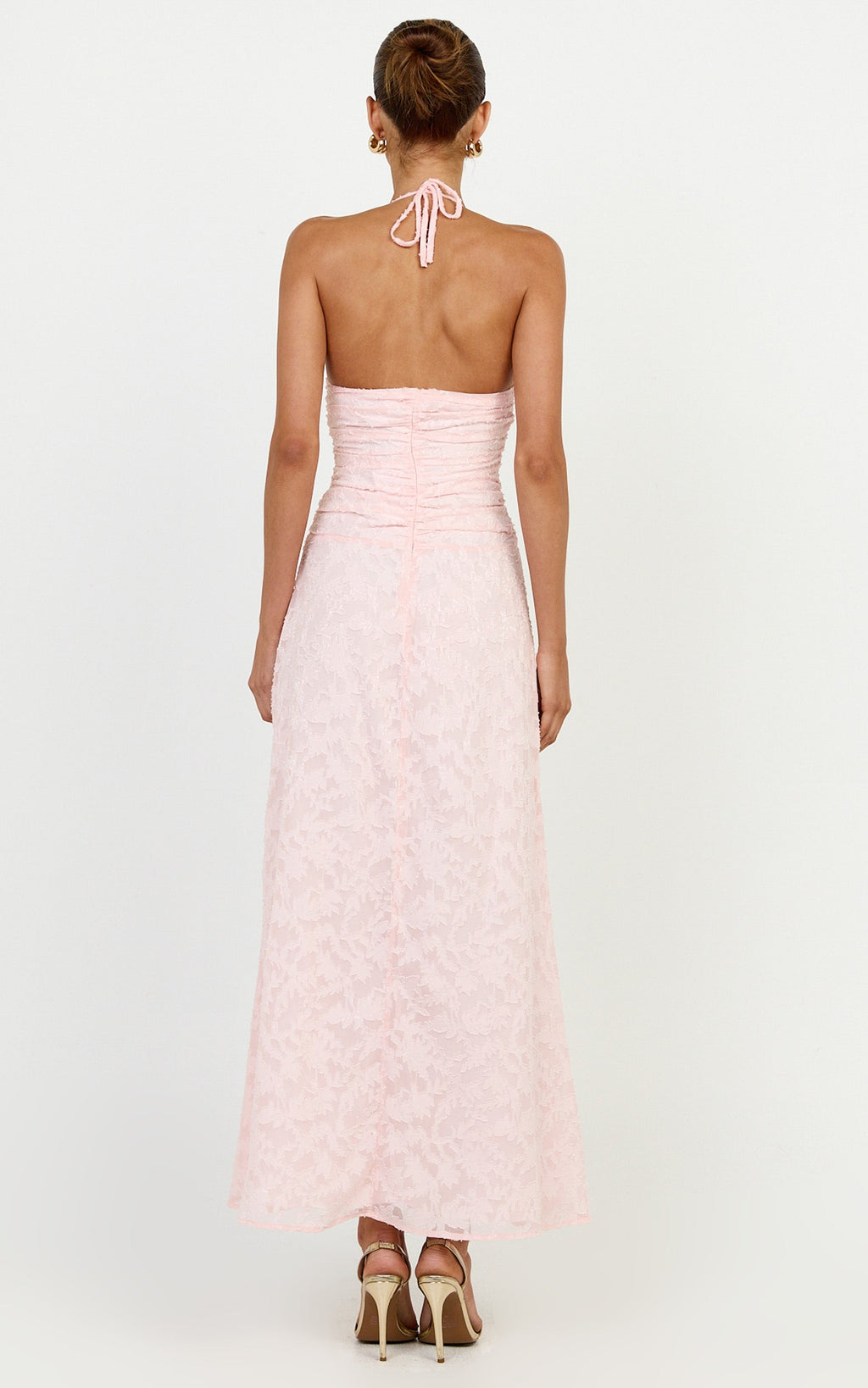 Seraphina Midi Dress - Gathered Bodice Halter Clipped Jacquard Dress in Pink