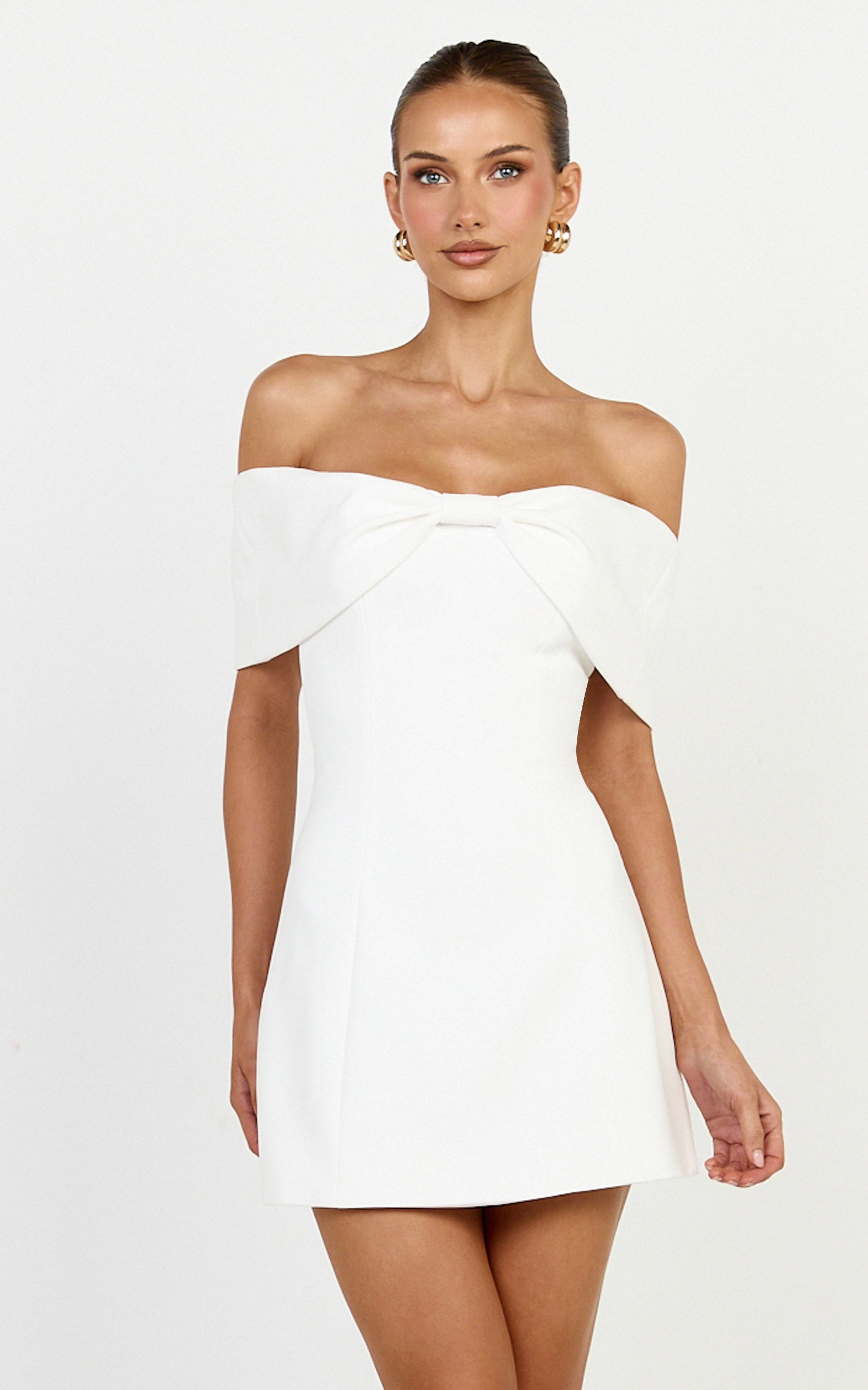 Thalia Mini Dress - Off Shoulder Bow Detail Dress in White