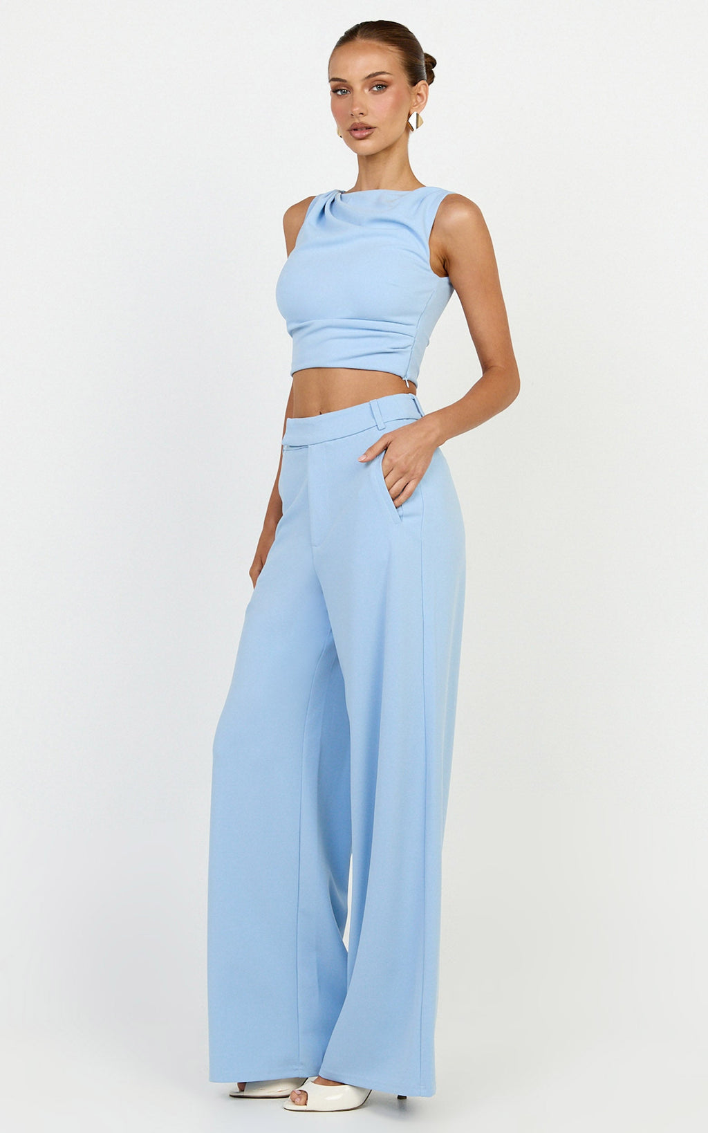 Helen Two Piece Set - Crepe Twisted Top And Wide Leg Pants in Blue