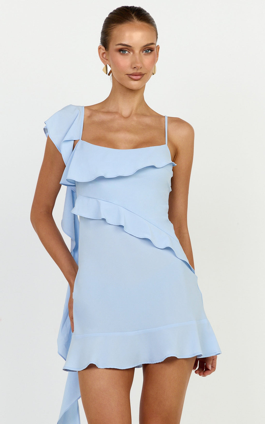 Arabella Mini Dress - Ruffle Frilled Hem Fit And Flare Dress in Blue