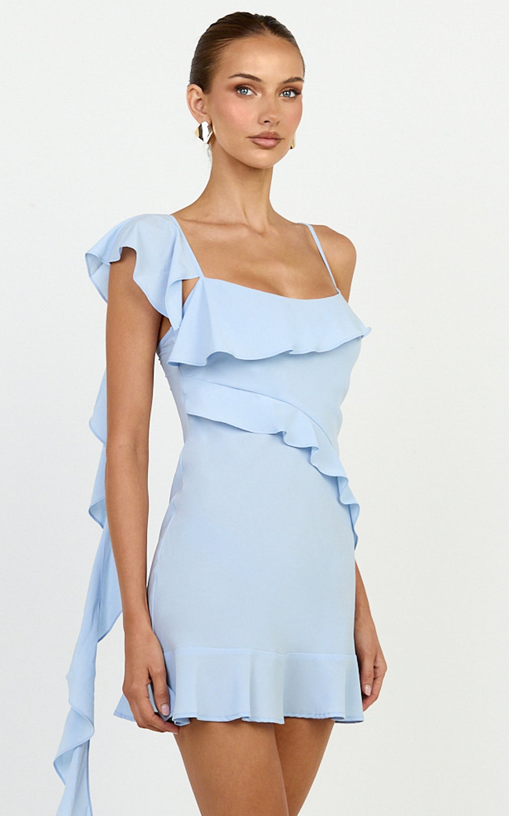 Arabella Mini Dress - Ruffle Frilled Hem Fit And Flare Dress in Blue