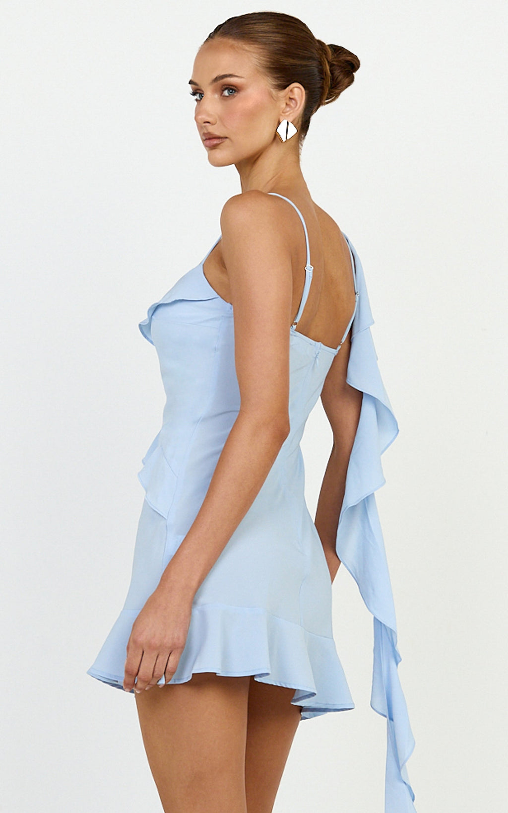 Arabella Mini Dress - Ruffle Frilled Hem Fit And Flare Dress in Blue