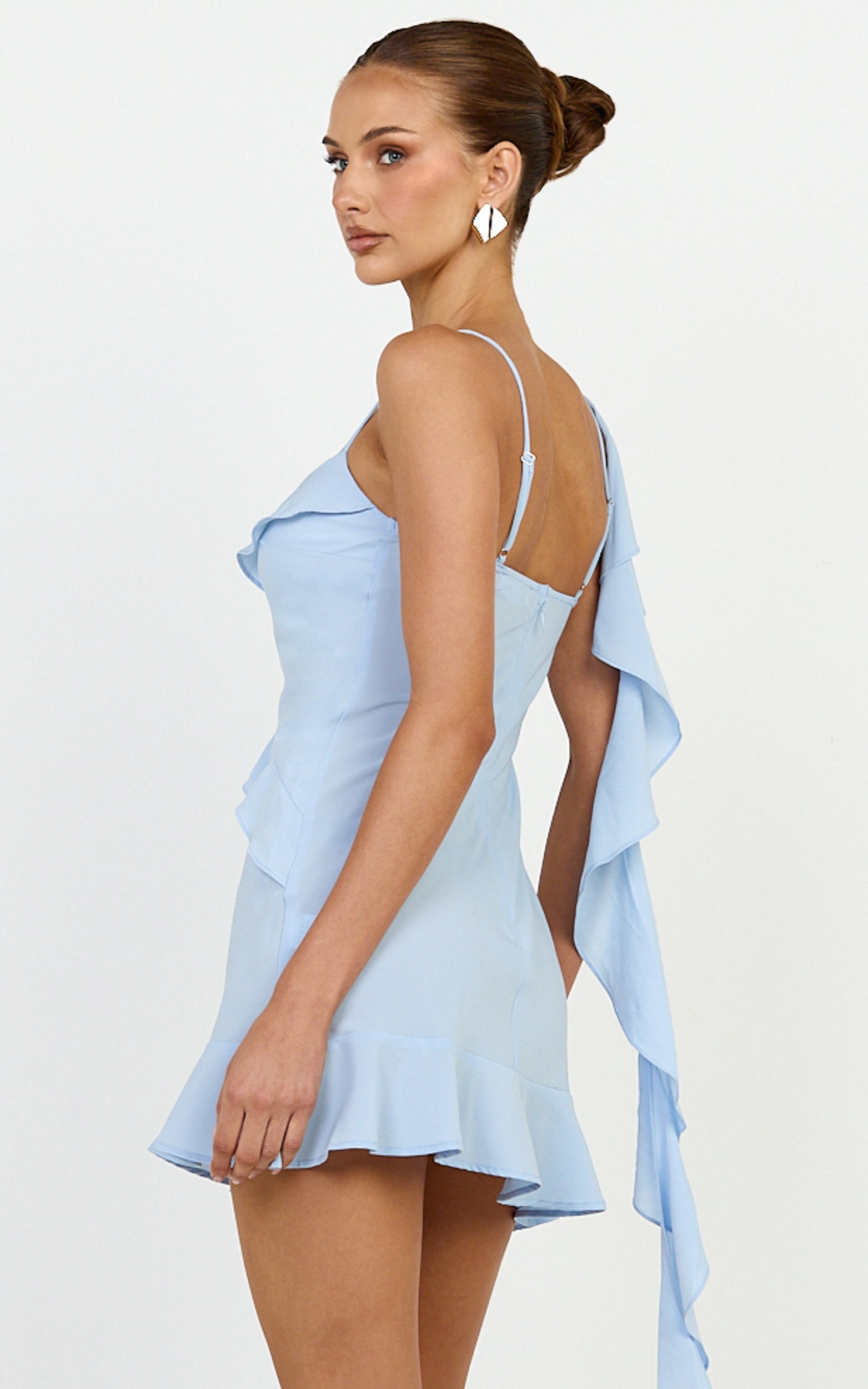 Arabella Mini Dress - Ruffle Frilled Hem Fit And Flare Dress in Blue